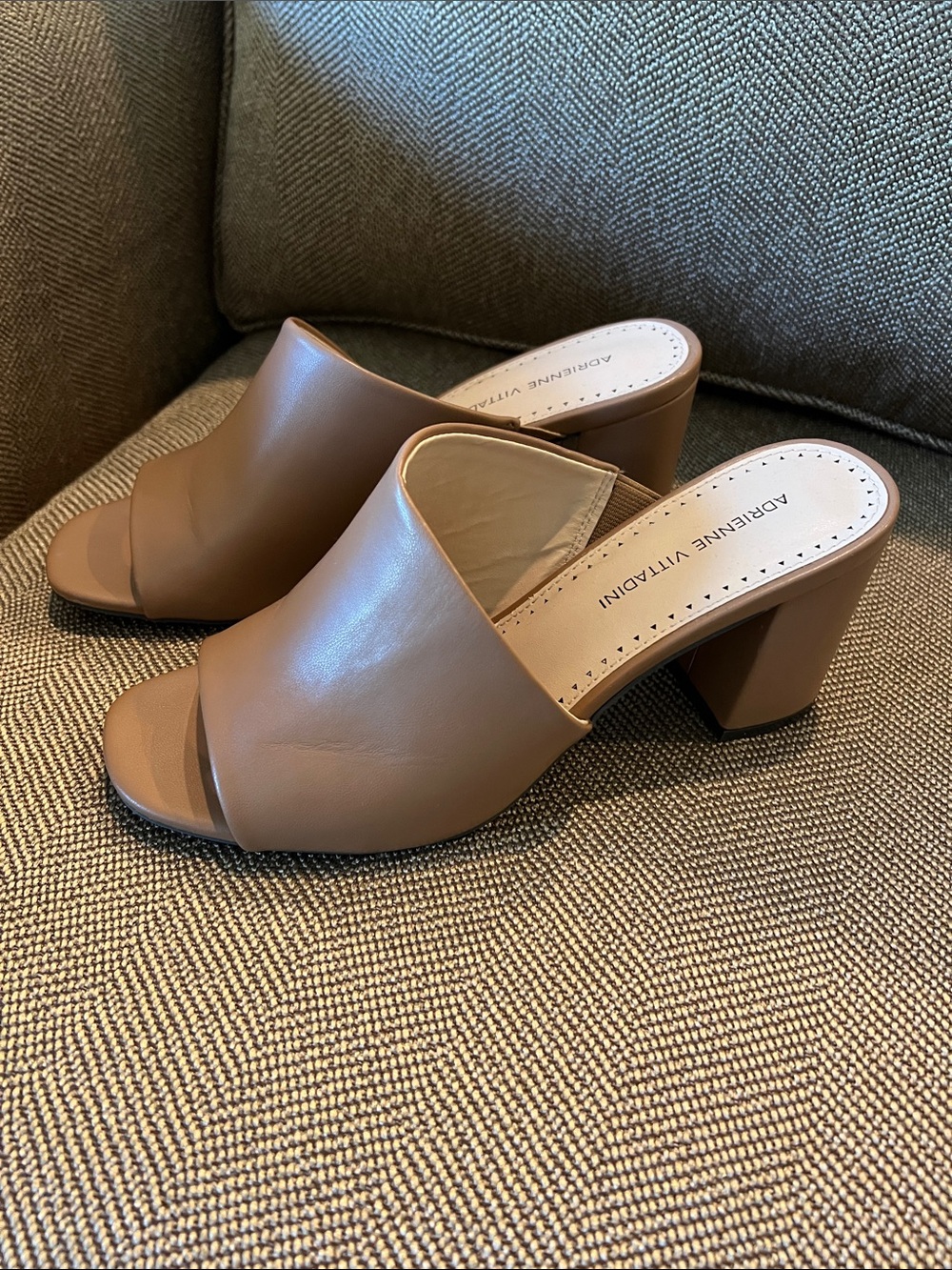 Adrienne Vittadini Tan Leather Open-Toe Block Heel Mules